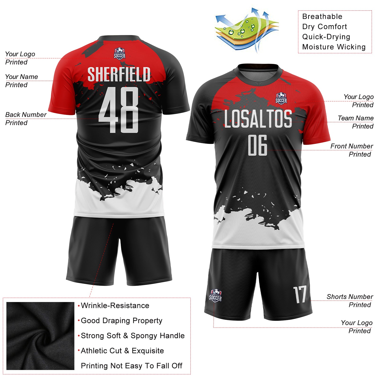 Custom Black White-Red Sublimation Soccer Uniform Jersey Style 8013 Custom Sublimation Soccer Jersey Black White Red Style 8013 Custom Black White-Red Sublimation Soccer Uniform Jersey Style - Image 3
