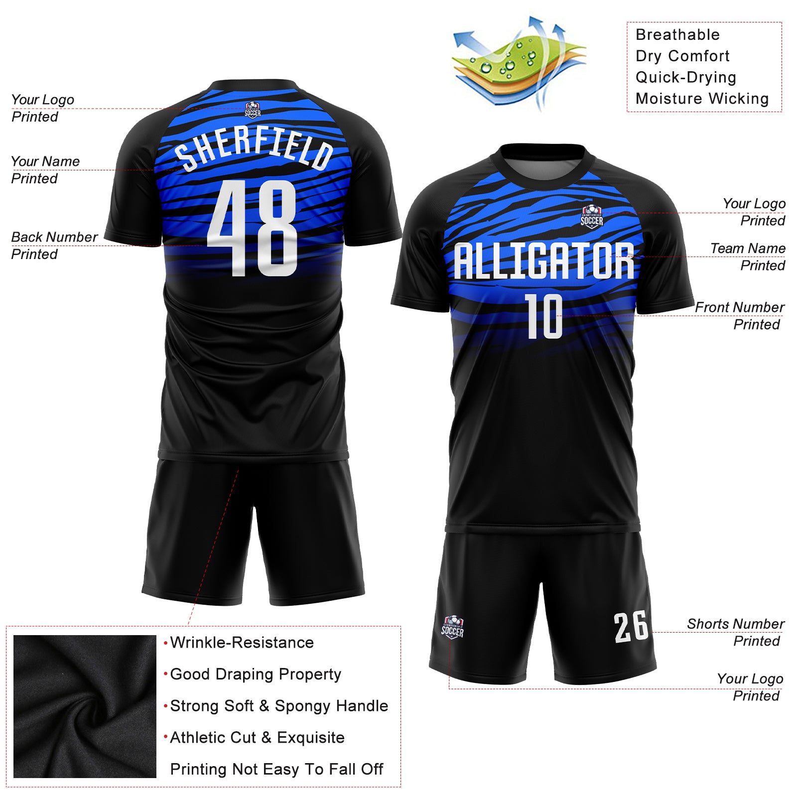 Custom Black White-Royal Sublimation Soccer Uniform Jersey Custom Black White Royal Soccer Uniform Jersey - Sublimation Sports Apparel Custom Black White-Royal Sublimation Soccer Uniform - Image 3