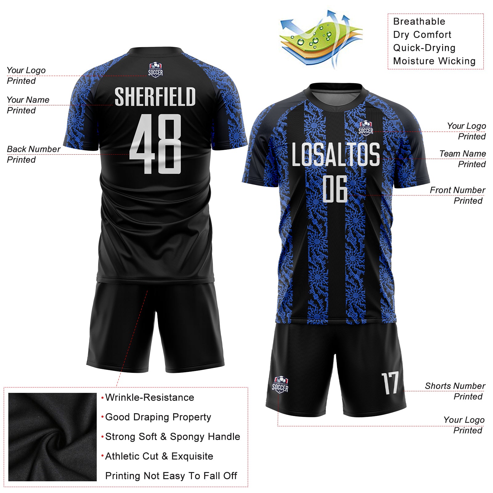 Custom Black White-Royal Sublimation Soccer Uniform Jersey Style 8791 Custom Black White Royal Soccer Jersey Sublimation Uniform Style 8791 Custom Black White-Royal Sublimation Soccer Uniform - Image 3