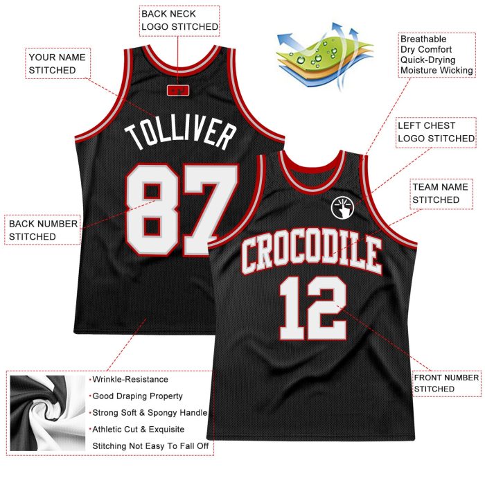 Custom Authentic Basketball Jersey - Black White Silver Gray-Red Throwback Design Custom Black White Silver Gray-Red Authentic - Image 2