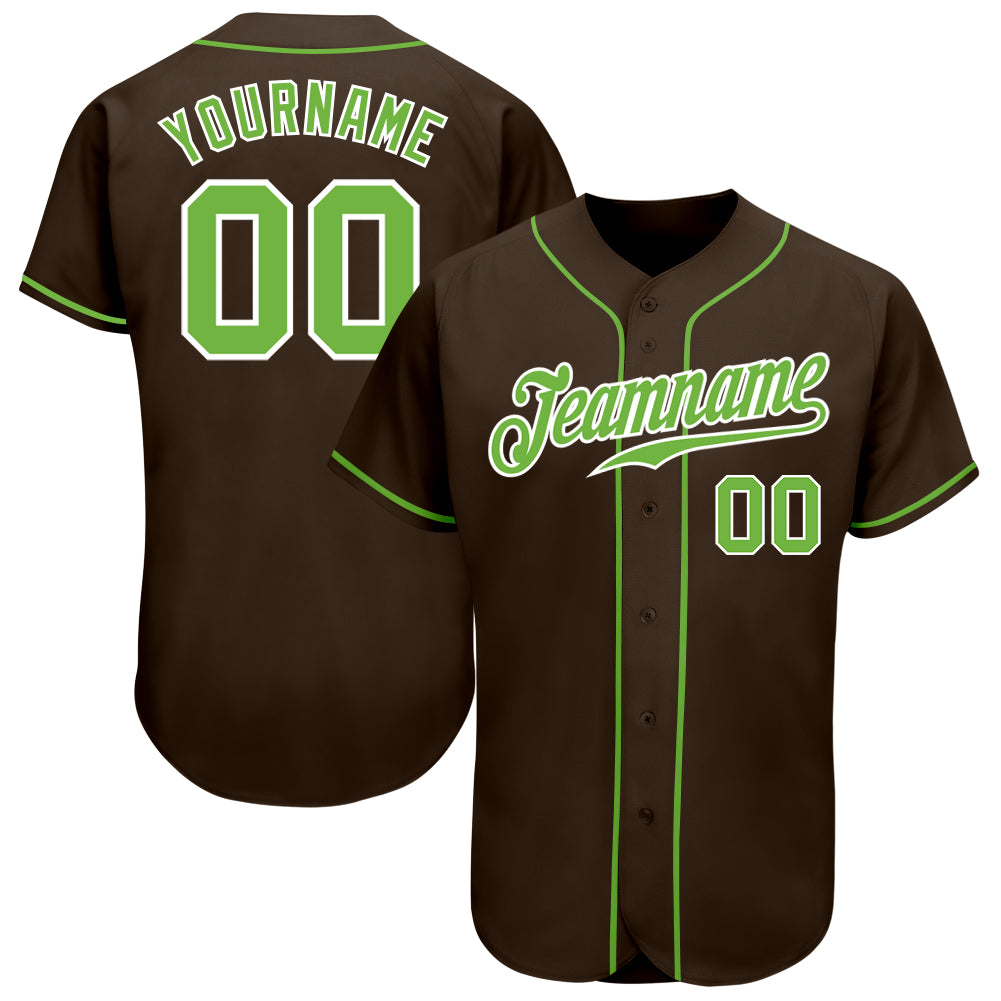 Custom Authentic Baseball Jersey in Brown Neon Green-White Style 8963 Custom Brown Neon Green-White Authentic Baseball Jersey