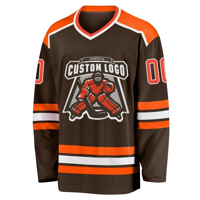 Custom Hockey Jersey - Brown Orange and White Design for Fans and Players Custom Brown Orange-White Hockey Jersey - Image 2
