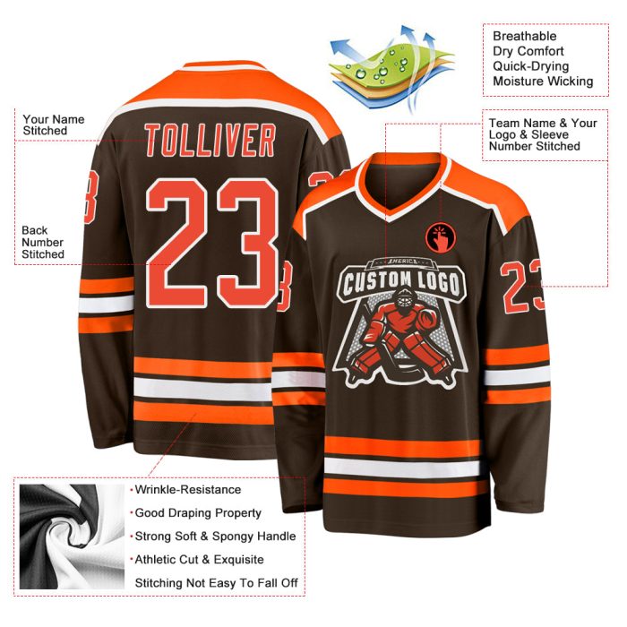 Custom Hockey Jersey - Brown Orange and White Design for Fans and Players Custom Brown Orange-White Hockey Jersey - Image 3