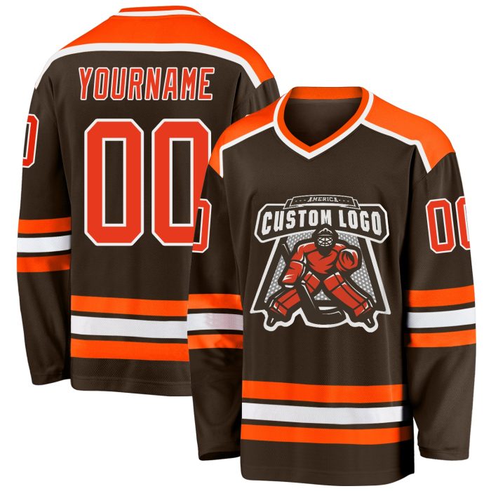 Custom Hockey Jersey - Brown Orange and White Design for Fans and Players Custom Brown Orange-White Hockey Jersey - Image 1