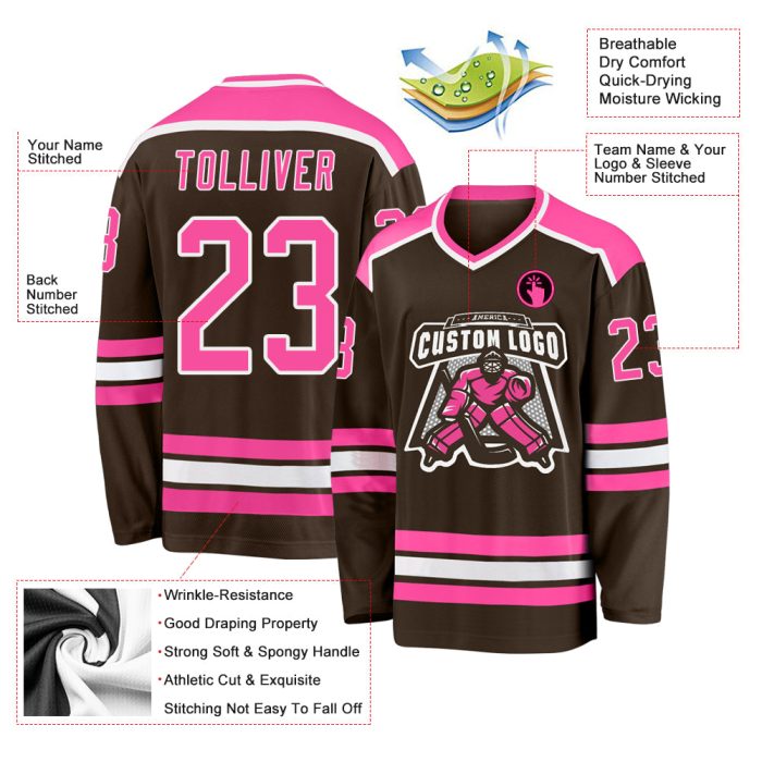 Custom Brown Pink White Hockey Jersey - Personalized Team Apparel, Customizable Sports Uniform Custom Brown Pink-White Hockey - Image 3