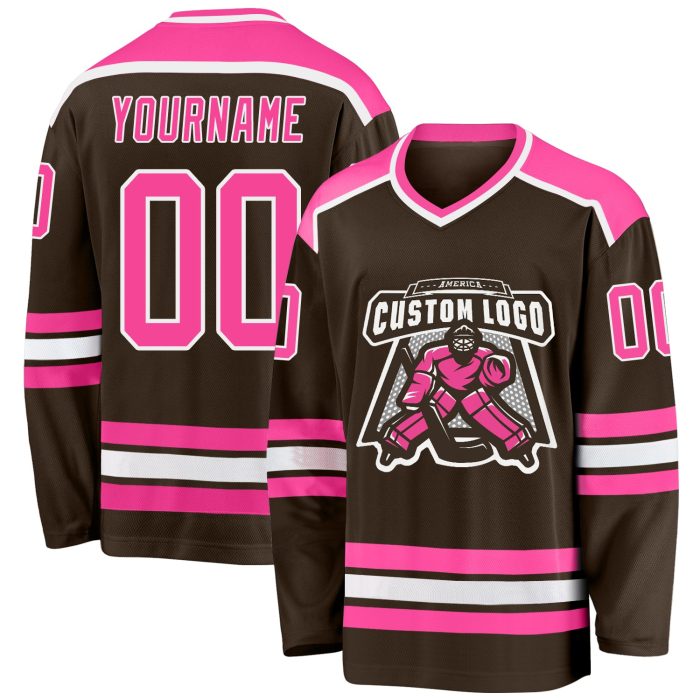 Custom Brown Pink White Hockey Jersey - Personalized Team Apparel, Customizable Sports Uniform Custom Brown Pink-White Hockey - Image 1