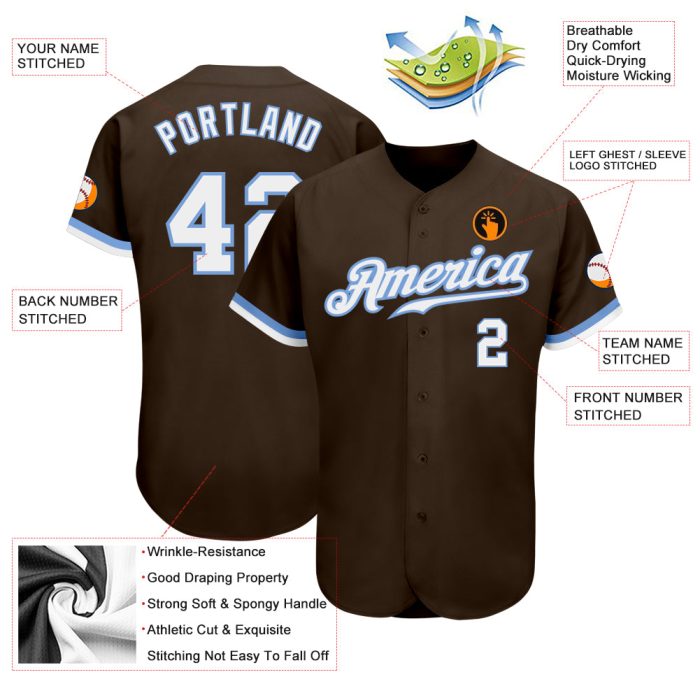 Custom Authentic Baseball Jersey - Brown White Light Blue Design, Made to Order, Comfortable Fit Custom Brown White-Light - Image 3