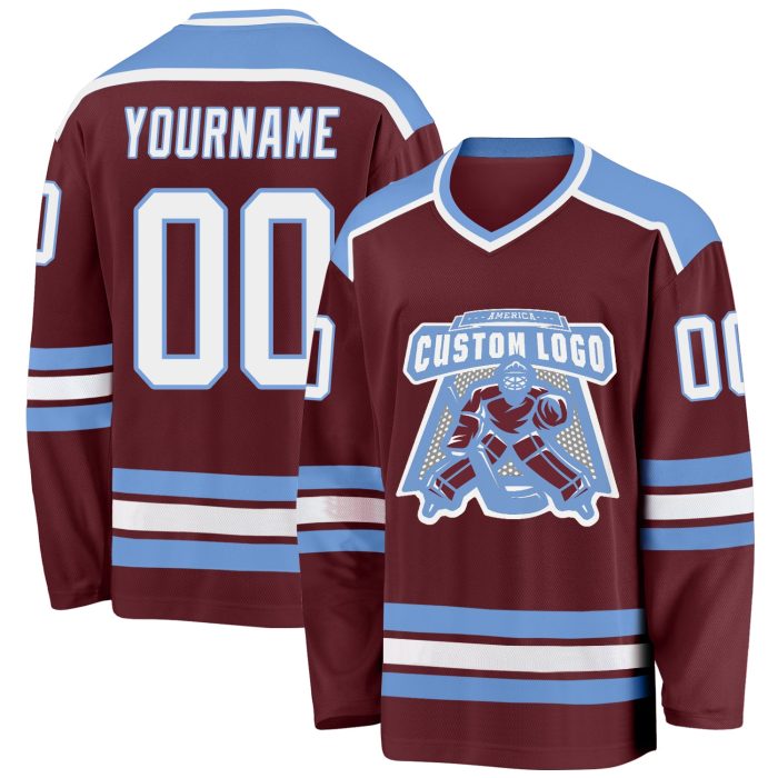 Burgundy Light Blue Custom Hockey Jersey for Men and Women Custom Burgundy White-Light Blue Hockey Jersey - Image 1