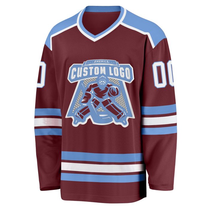Burgundy Light Blue Custom Hockey Jersey for Men and Women Custom Burgundy White-Light Blue Hockey Jersey - Image 2