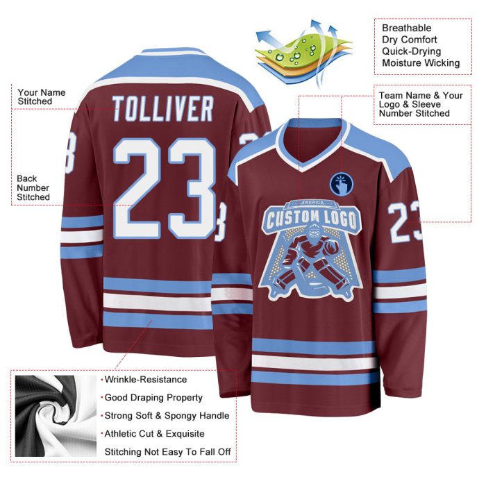 Burgundy Light Blue Custom Hockey Jersey for Men and Women Custom Burgundy White-Light Blue Hockey Jersey - Image 3