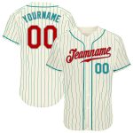 Custom Cream Aqua Pinstripe Baseball Jersey - Red Aqua-Gray Authentic Style Custom Cream Aqua Pinstripe Red Aqua-Gray Authentic