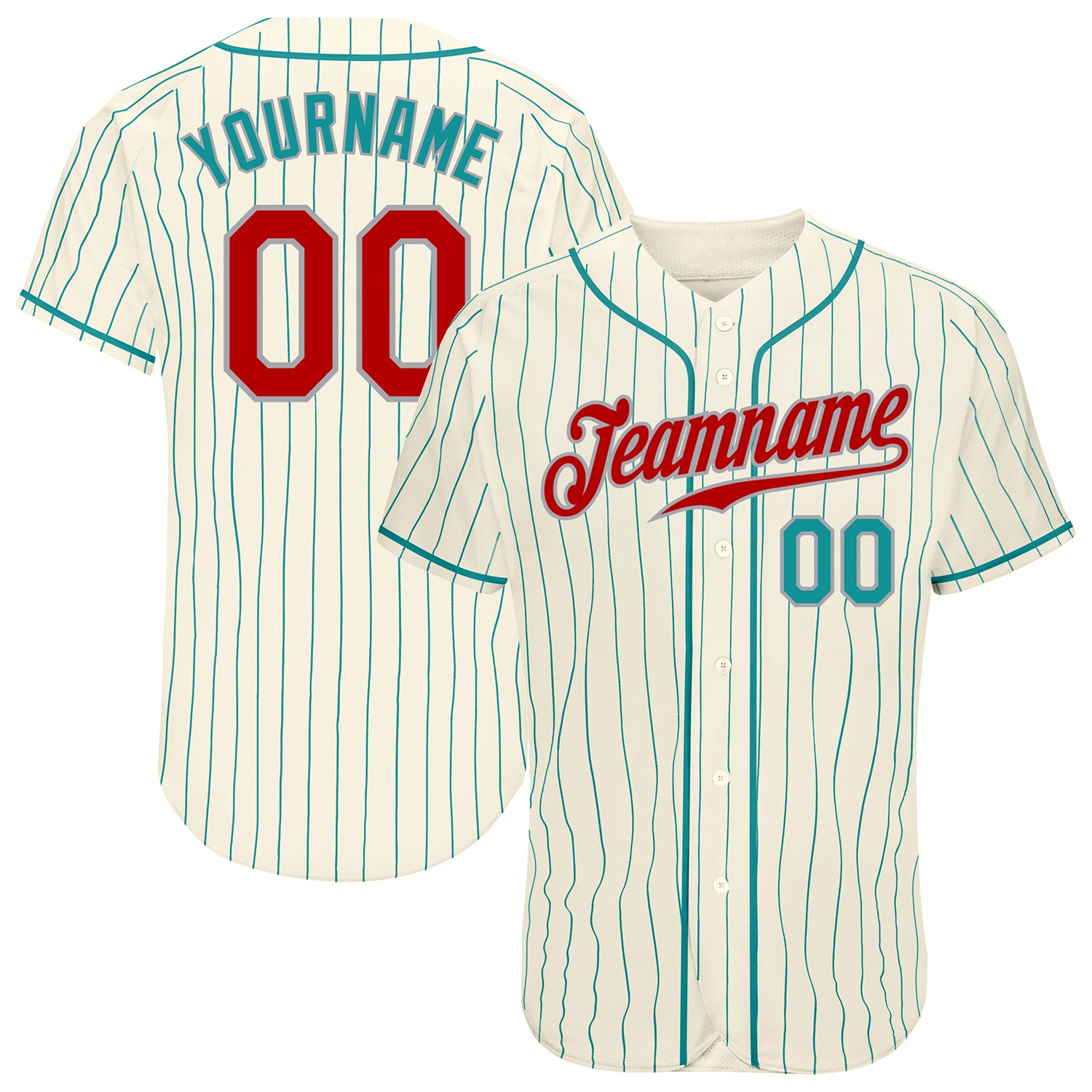 Custom Cream Aqua Pinstripe Baseball Jersey - Red Aqua-Gray Authentic Style Custom Cream Aqua Pinstripe Red Aqua-Gray Authentic
