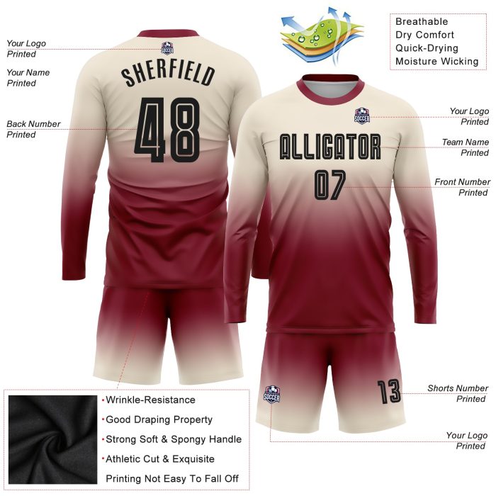 Custom Sublimation Soccer Jersey Long Sleeve Fade Fashion Black-Crimson Uniform Custom Cream Black-Crimson Sublimation Long - Image 3