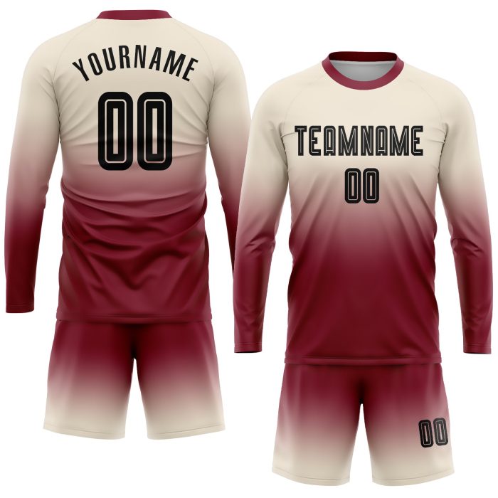 Custom Sublimation Soccer Jersey Long Sleeve Fade Fashion Black-Crimson Uniform Custom Cream Black-Crimson Sublimation Long - Image 2