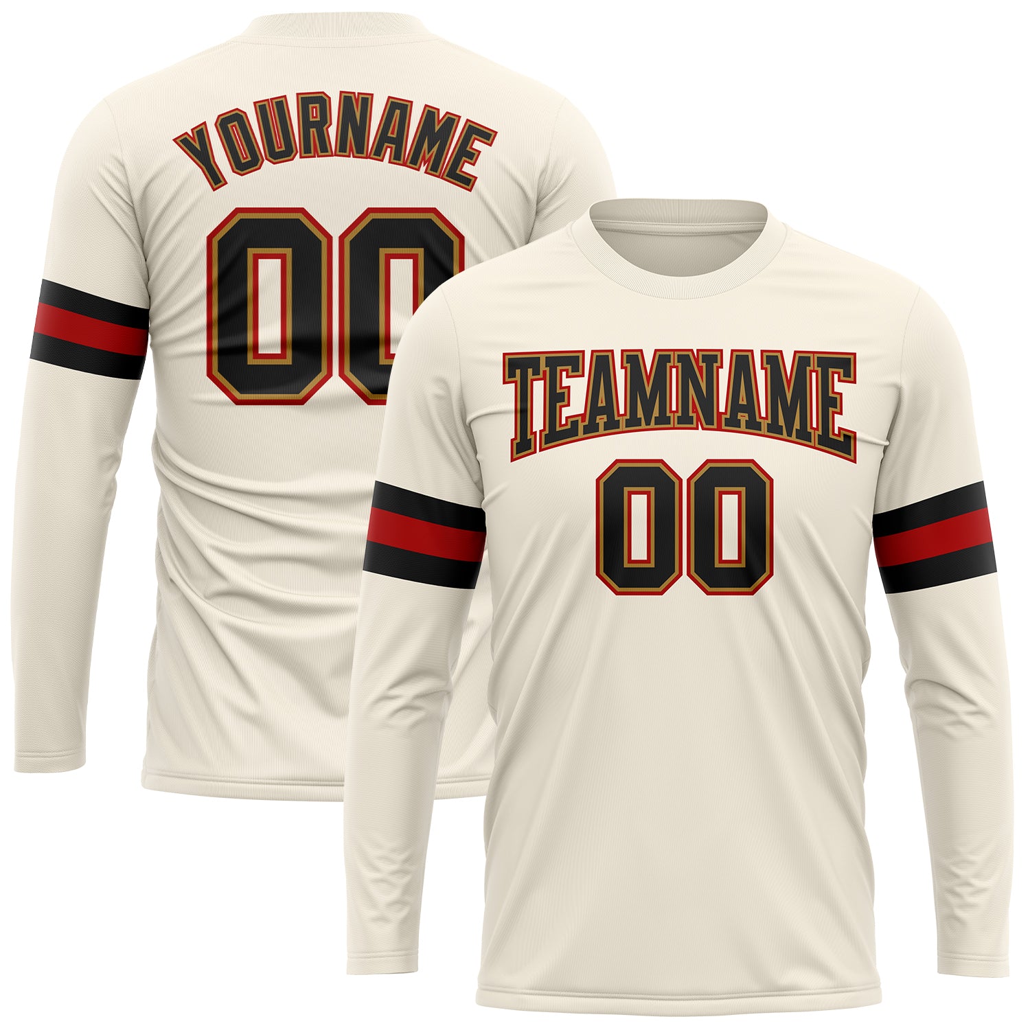 Custom Cream Black Old Gold-Red Long Sleeve Performance T-Shirt Custom Long Sleeve Performance T-Shirt in Cream Black Old Gold-Red Custom Cream Black Old Gold-Red Long Sleeve Performance - Image 1