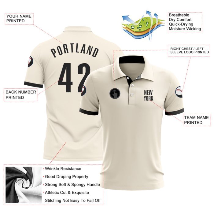 Custom Black Performance Golf Polo Shirt - Cream Accent, Breathable Fabric for Ultimate Comfort Custom Cream Black Performance - Image 3