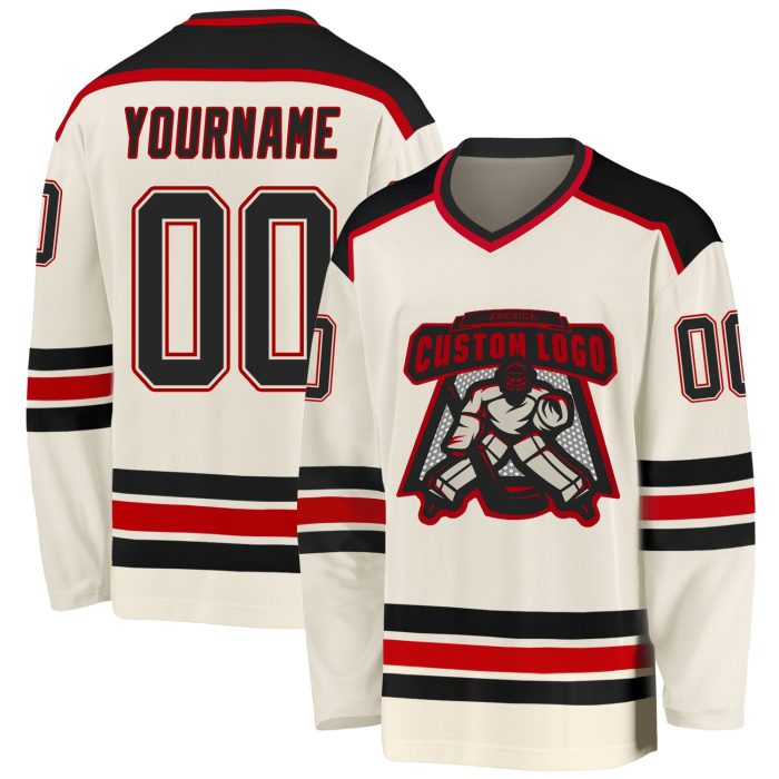 Black-Red Custom Hockey Jersey - Personalized Cream Jersey for Teams and Fans Custom Cream Black-Red Hockey Jersey - Image 1