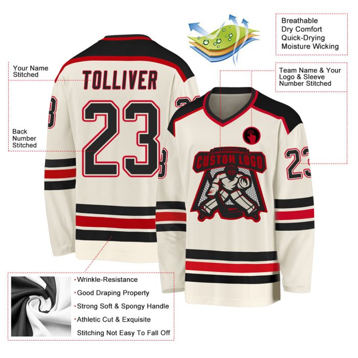 Black-Red Custom Hockey Jersey - Personalized Cream Jersey for Teams and Fans Custom Cream Black-Red Hockey Jersey - Image 3