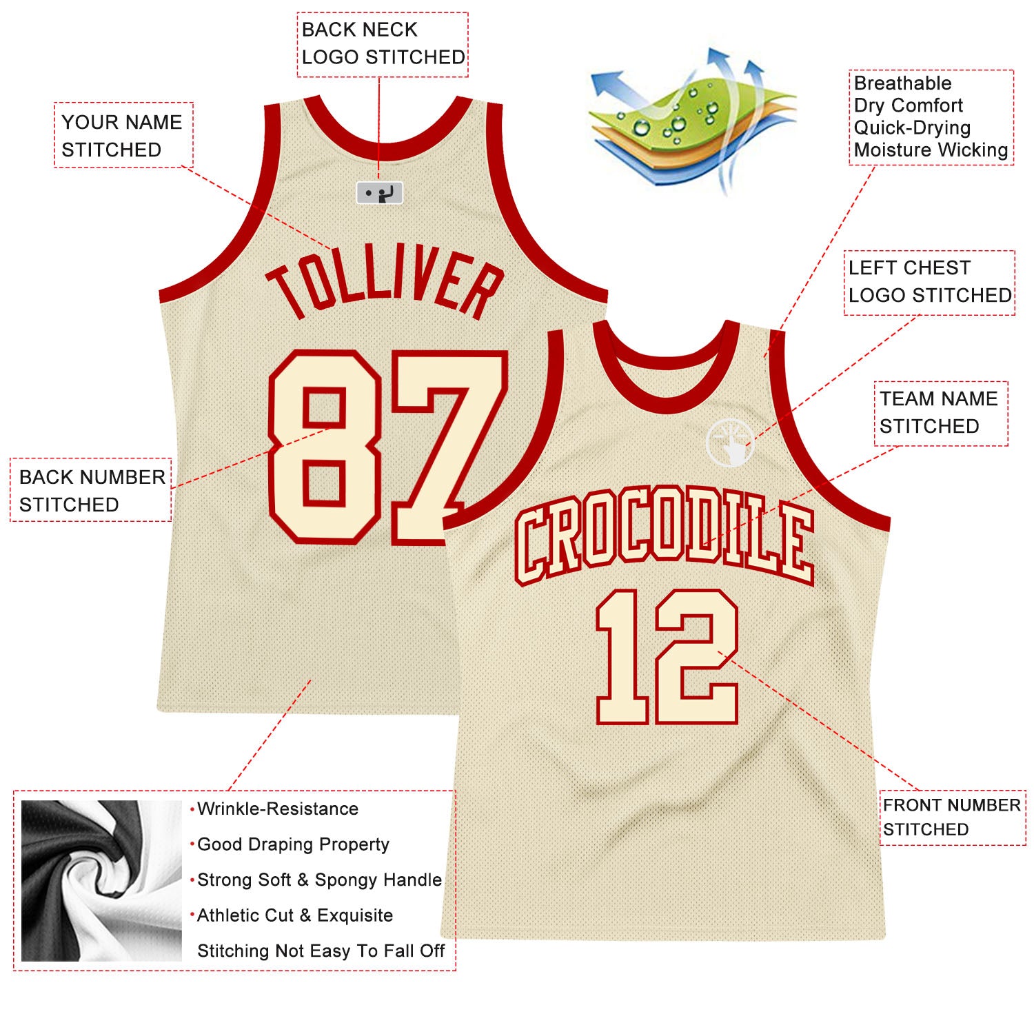 Custom Cream Cream-Red Authentic Throwback Basketball Jersey Custom Cream Red Authentic Throwback Basketball Jersey - Stylish Retro Design Ideal for Fans and Collectors Custom Cream - Image 2