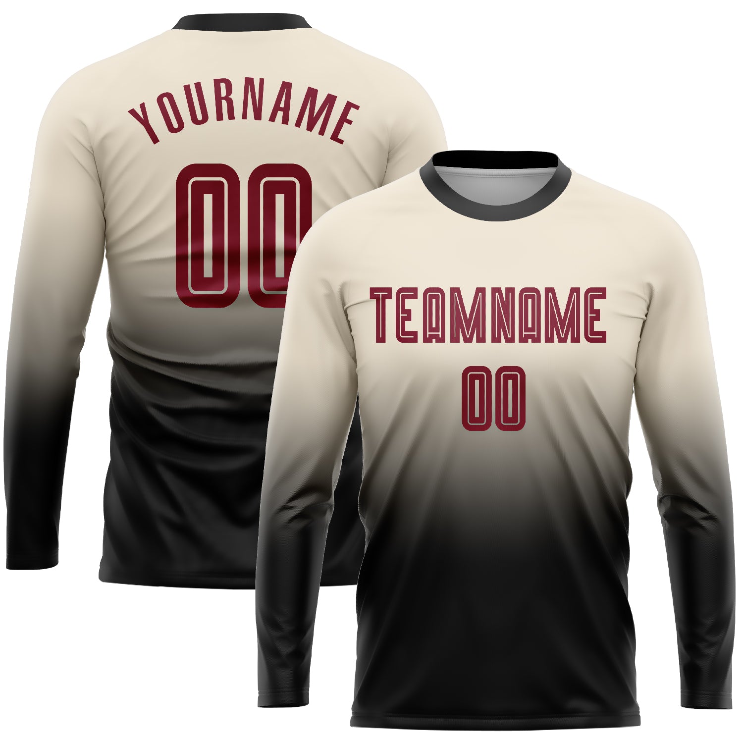 Custom Soccer Uniform Jersey - Cream Crimson Black Long Sleeve Fade Sublimation Fashion Custom Cream Crimson-Black Sublimation