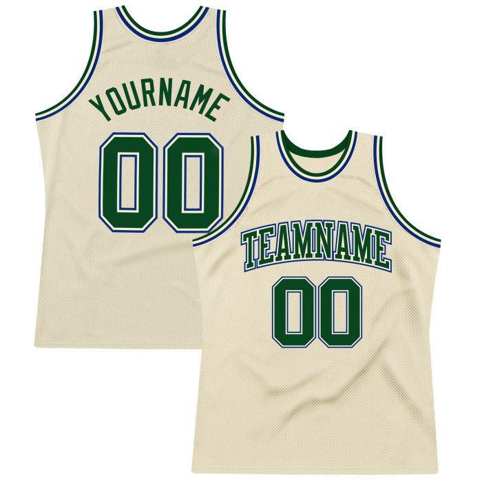 Cream Green-Royal Custom Authentic Basketball Jersey - Throwback Style Custom Cream Green-Royal Authentic Throwback Basketball - Image 1