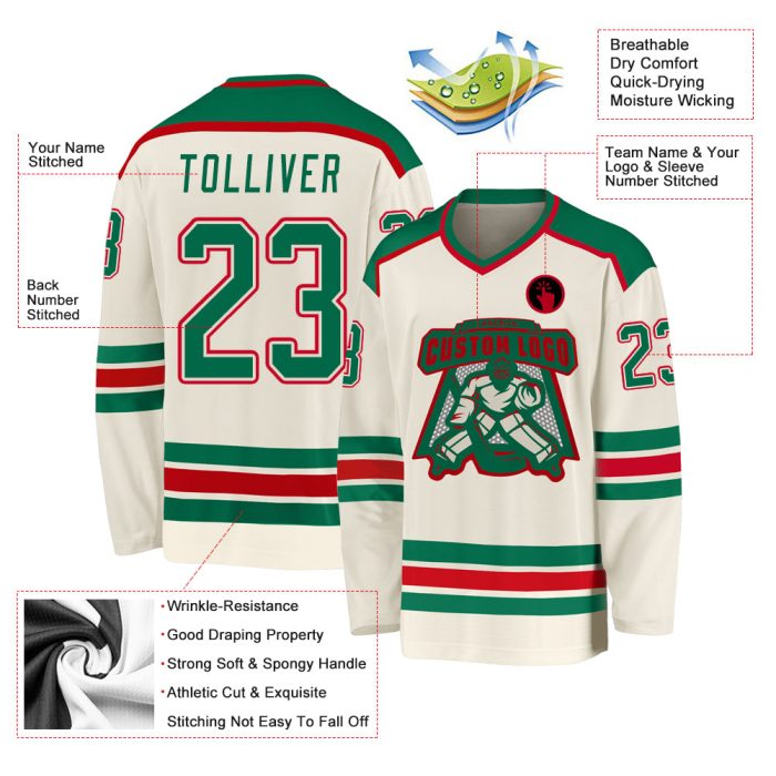 Custom Hockey Jersey in Cream, Kelly Green, and Red - Personalized Team Apparel Custom Cream Kelly Green-Red Hockey Jersey - Image 3