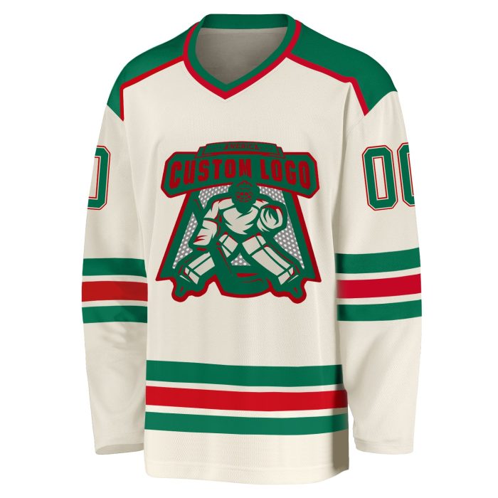 Custom Hockey Jersey in Cream, Kelly Green, and Red - Personalized Team Apparel Custom Cream Kelly Green-Red Hockey Jersey - Image 2