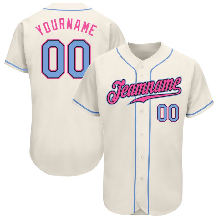 Custom Baseball Jersey - Authentic Cream Light Blue Black Pink Design Custom Cream Light Blue Black-Pink Authentic Baseball - Image 1
