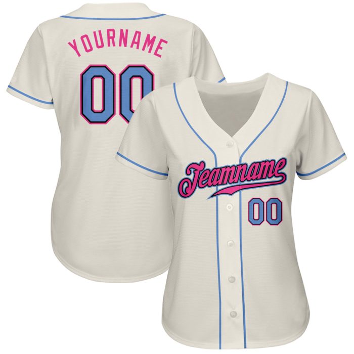 Custom Baseball Jersey - Authentic Cream Light Blue Black Pink Design Custom Cream Light Blue Black-Pink Authentic Baseball - Image 2
