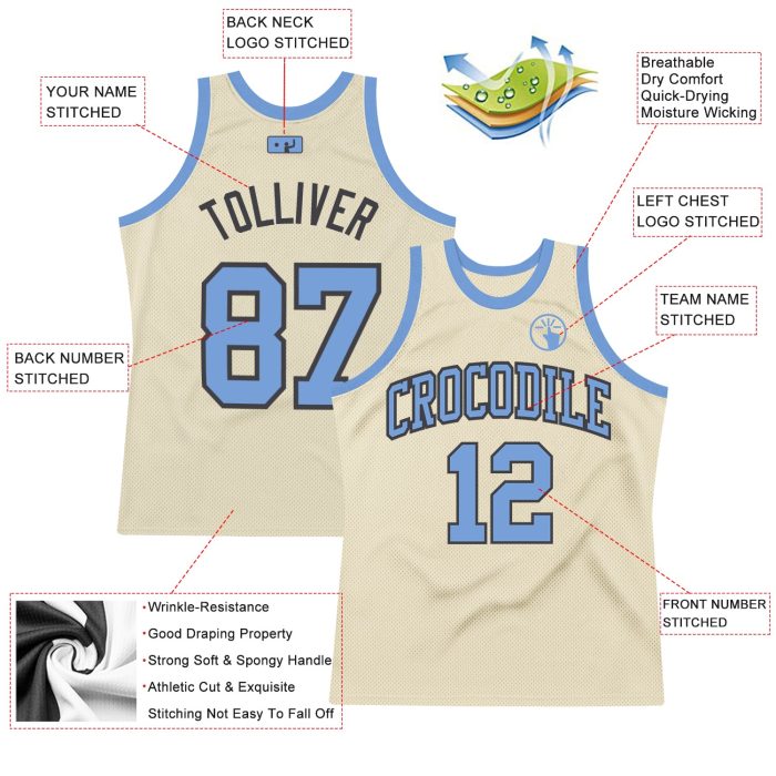 Light Blue Steel Gray Custom Basketball Jersey Authentic Throwback Custom Cream Light Blue-Steel Gray Authentic Throwback - Image 2