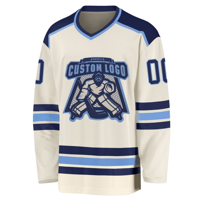 Custom Navy-Light Blue Cream Hockey Jersey - Personalized Sports Apparel Custom Cream Navy-Light Blue Hockey Jersey - Image 2