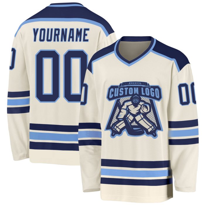 Custom Navy-Light Blue Cream Hockey Jersey - Personalized Sports Apparel Custom Cream Navy-Light Blue Hockey Jersey - Image 1