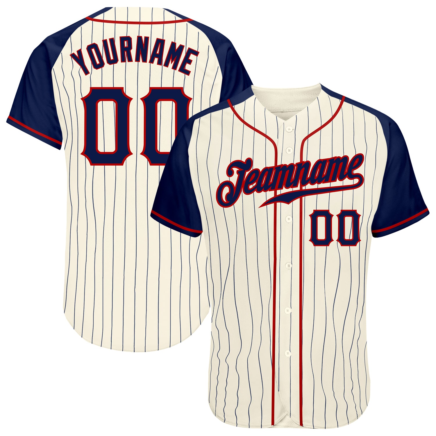 Custom Navy-Red Pinstripe Baseball Jersey - Authentic Raglan Sleeves, Cream Color Custom Cream Navy Pinstripe Navy-Red Authentic