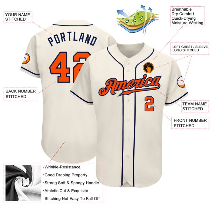 Custom Authentic Baseball Jersey in Cream Orange and Navy Custom Cream Orange-Navy Authentic Baseball Jersey - Image 3