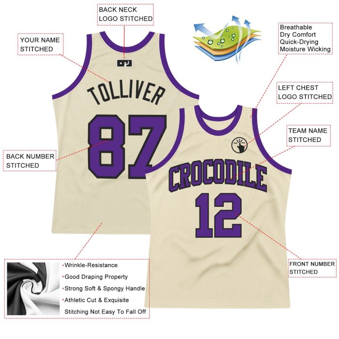 Authentic Throwback Basketball Jersey - Custom Purple and Black Design Custom Cream Purple-Black Authentic Throwback Basketball - Image 2