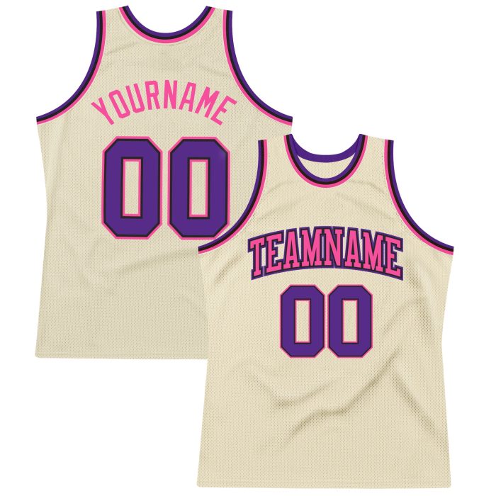 Authentic Throwback Basketball Jersey Custom Cream Purple Black Pink Design Custom Cream Purple Black-Pink Authentic Throwback - Image 1