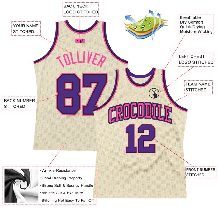 Authentic Throwback Basketball Jersey Custom Cream Purple Black Pink Design Custom Cream Purple Black-Pink Authentic Throwback - Image 2