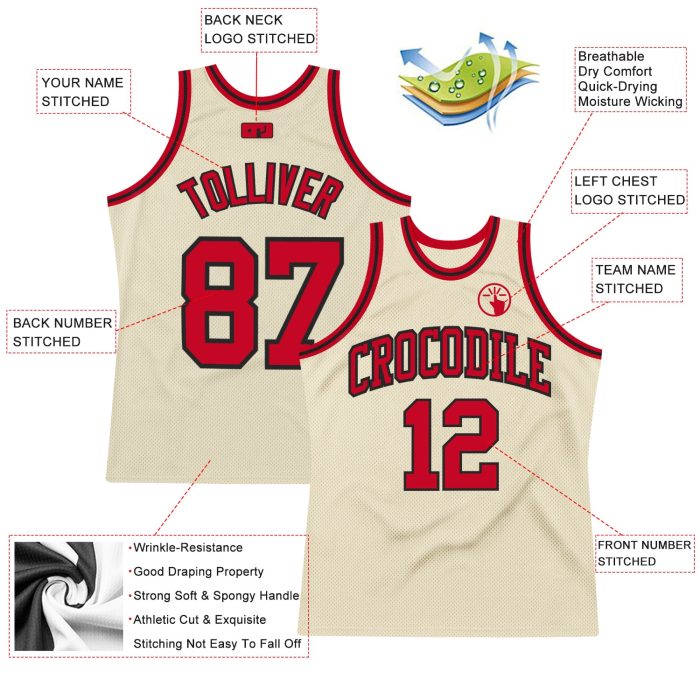 Custom Red Black Basketball Jersey Authentic Throwback Style 5719 Custom Cream Red-Black Authentic Throwback Basketball Jersey - Image 2