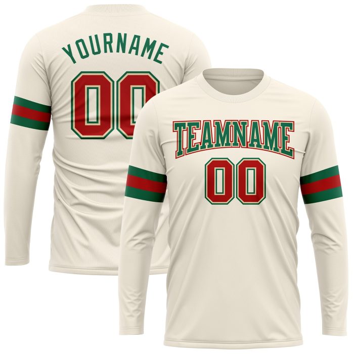 Custom Performance T-Shirt Long Sleeve Cream Red Kelly Green for Men and Women Custom Cream Red-Kelly Green Long Sleeve Performance - Image 1
