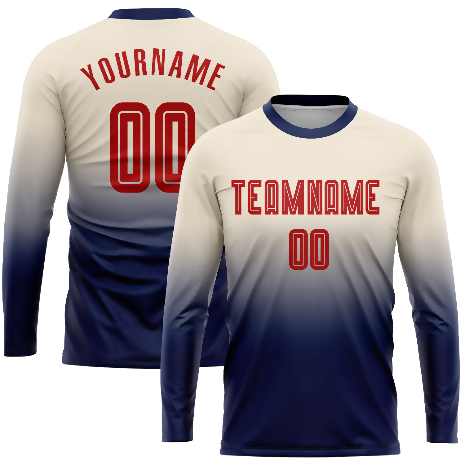 Custom Cream Red-Navy Soccer Jersey Long Sleeve Fashion Fade Uniform Custom Cream Red-Navy Sublimation Long Sleeve Fade Fashion