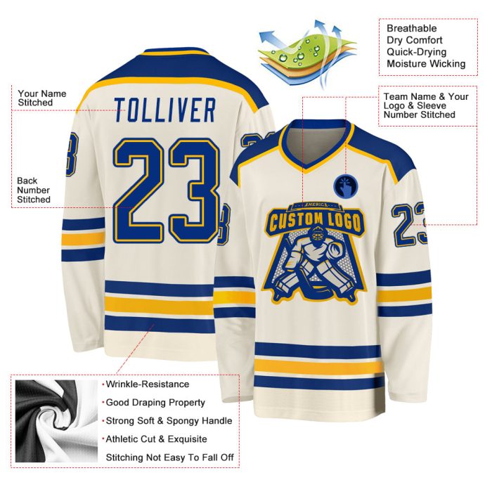 Custom Gold Hockey Jersey - Personalized Cream Royal-Gold Design for Ultimate Fan Gear Custom Cream Royal-Gold Hockey Jersey - Image 3