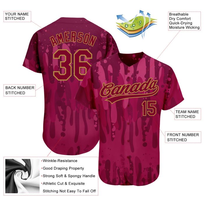 Custom Crimson-Old Gold 3D Pattern Baseball Jersey - Authentic Design Custom Crimson Crimson-Old Gold 3D Pattern Design Authentic - Image 3