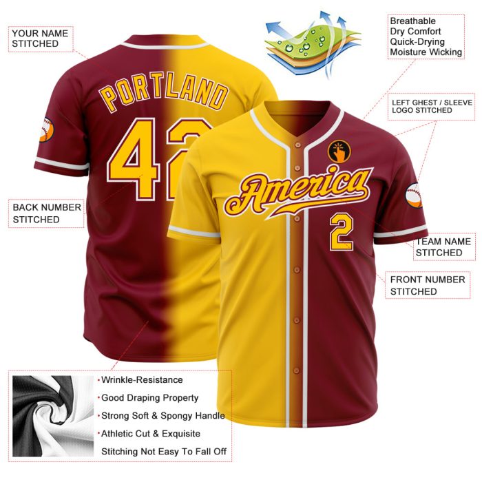 Custom Crimson Gold White Authentic Fade Baseball Jersey - Stylish Fashion Athletic Wear Custom Crimson Gold-White Authentic - Image 2