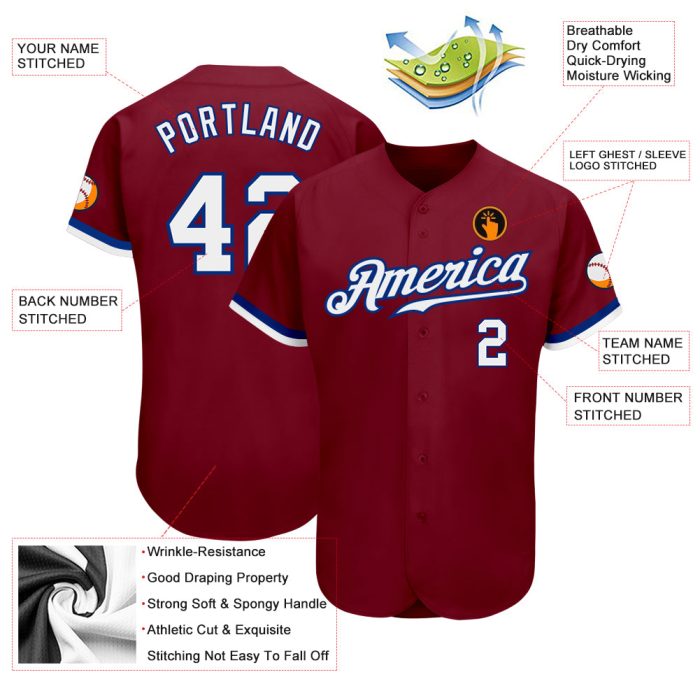 Custom Baseball Jersey - Crimson White-Royal Authentic Style 5530 Custom Crimson White-Royal Authentic Baseball Jersey Style - Image 3