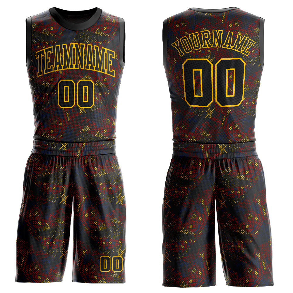 Black-Gold Basketball Jersey Custom Figure Round Neck Sublimation Suit Custom Figure Black-Gold Round Neck Sublimation Basketball