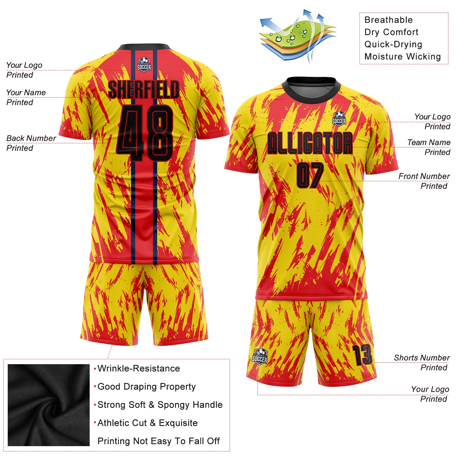 Custom Gold Black-Red Sublimation Soccer Uniform Jersey Custom Gold Black Red Soccer Jersey | Sublimation Uniform for Teams Custom Gold Black-Red Sublimation Soccer Uniform Jersey - Image 3