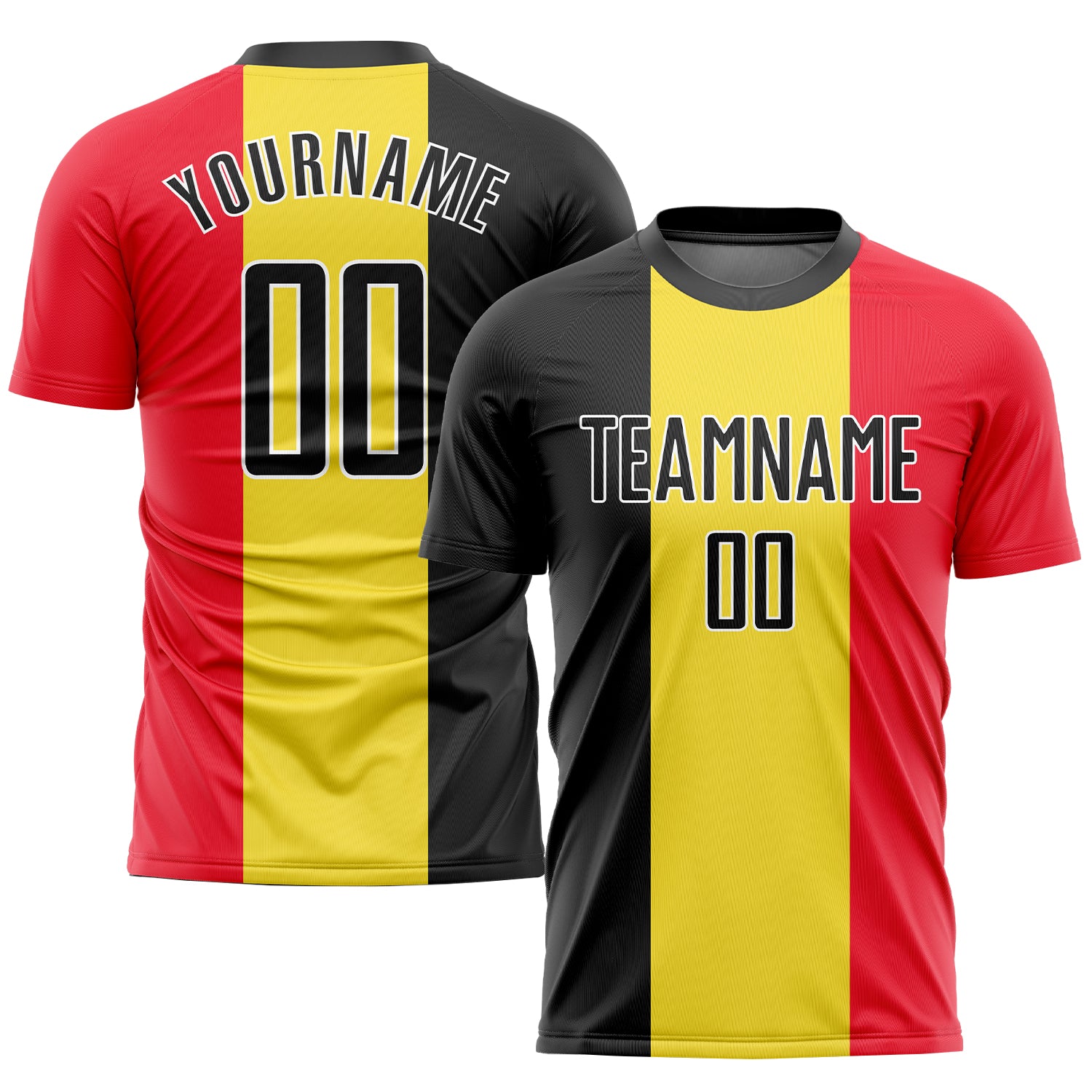 Custom Gold Black Red-White Sublimation Belgian Flag Soccer Uniform Jersey Custom Belgian Flag Soccer Jersey - Gold Black Red-White Sublimation Uniform Custom Gold Black Red-White Sublimation Belgian - Image 1