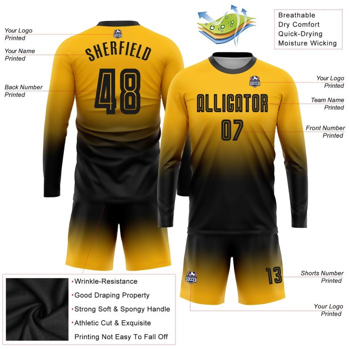 Custom Gold Black Soccer Uniform Jersey Fade Long Sleeve Sublimation Fashion Custom Gold Black Sublimation Long Sleeve Fade - Image 3