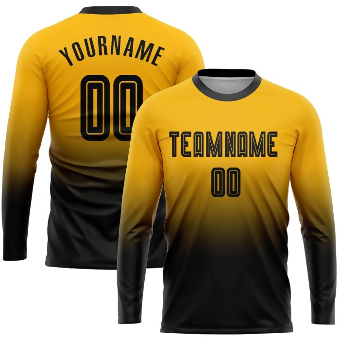 Custom Gold Black Soccer Uniform Jersey Fade Long Sleeve Sublimation Fashion Custom Gold Black Sublimation Long Sleeve Fade - Image 1