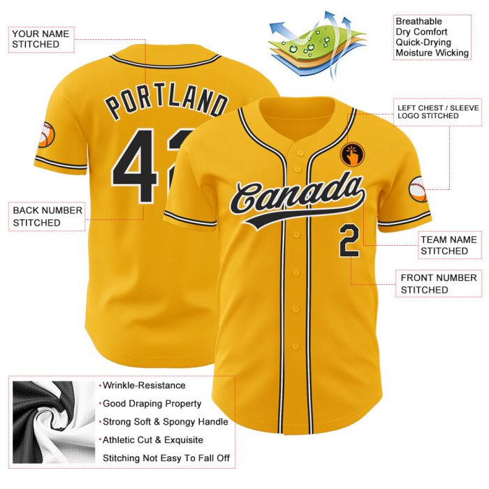 Custom Gold Black White Baseball Jersey - Authentic Design, Perfect for Fans and Players Custom Gold Black-White Authentic - Image 3